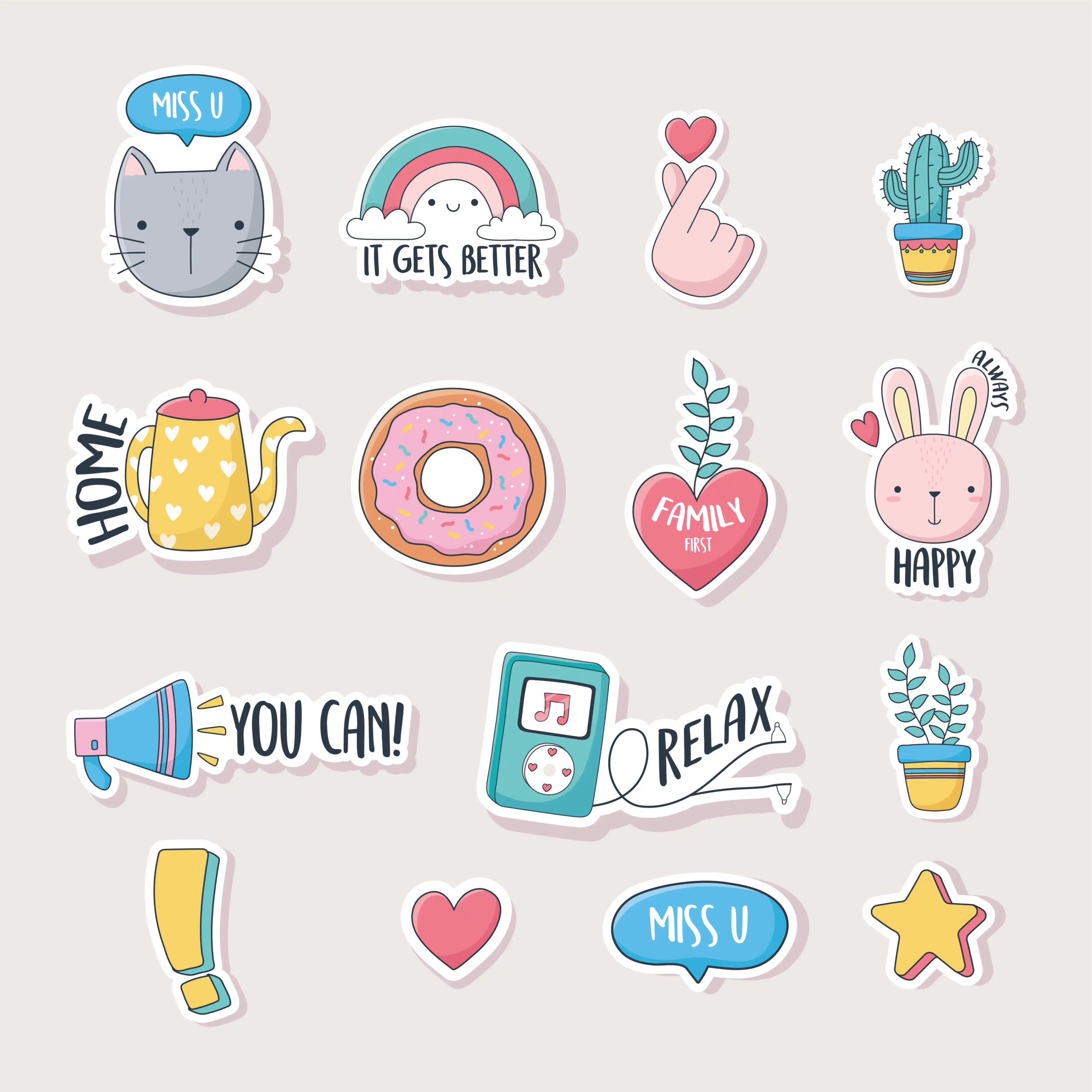 Cute positive vibes sticker pack featuring hand-drawn kawaii cat, bunny, donut, rainbow, and motivational quotes on waterproof vinyl