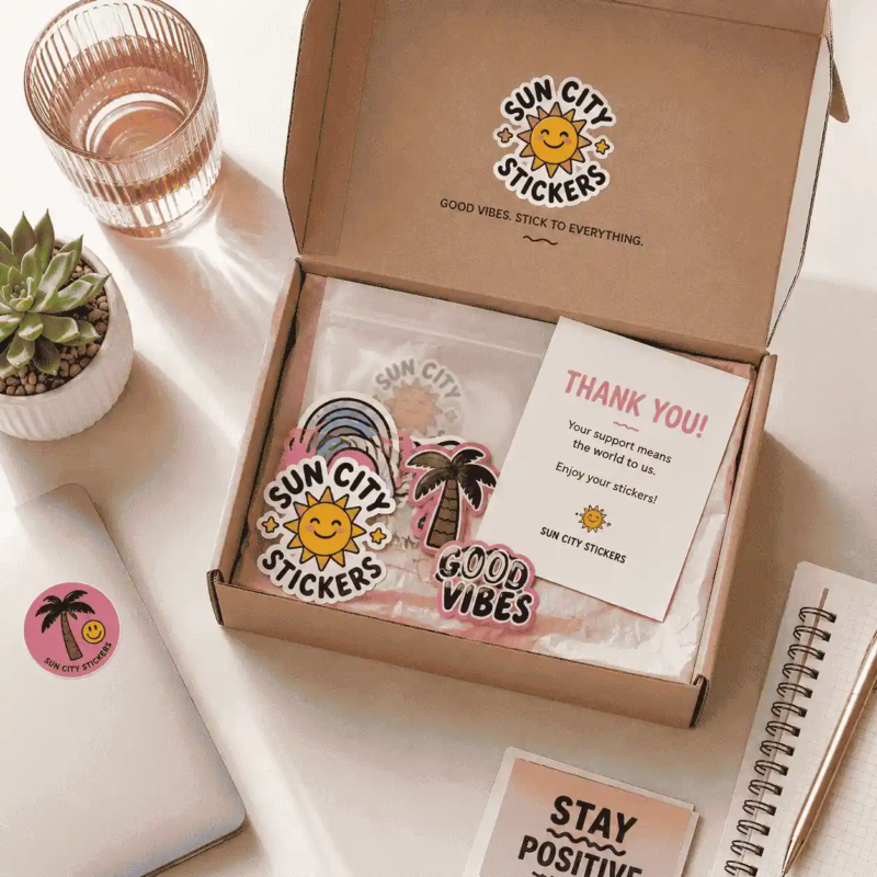 Small business unboxing experience featuring custom die-cut vinyl stickers and branded packaging
