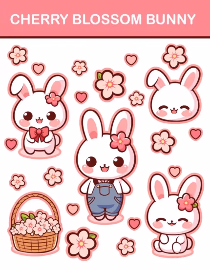 Kawaii cherry blossom bunny sticker sheet featuring cute white rabbits, pink sakura flowers, hearts, and a flower basket on waterproof vinyl