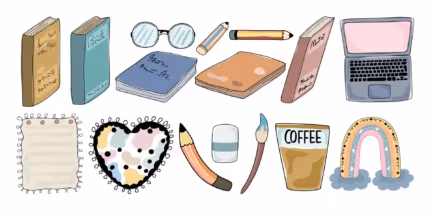 Aesthetic cozy study and reading sticker pack featuring hand-drawn books, laptop, glasses, coffee cup, and stationery doodles