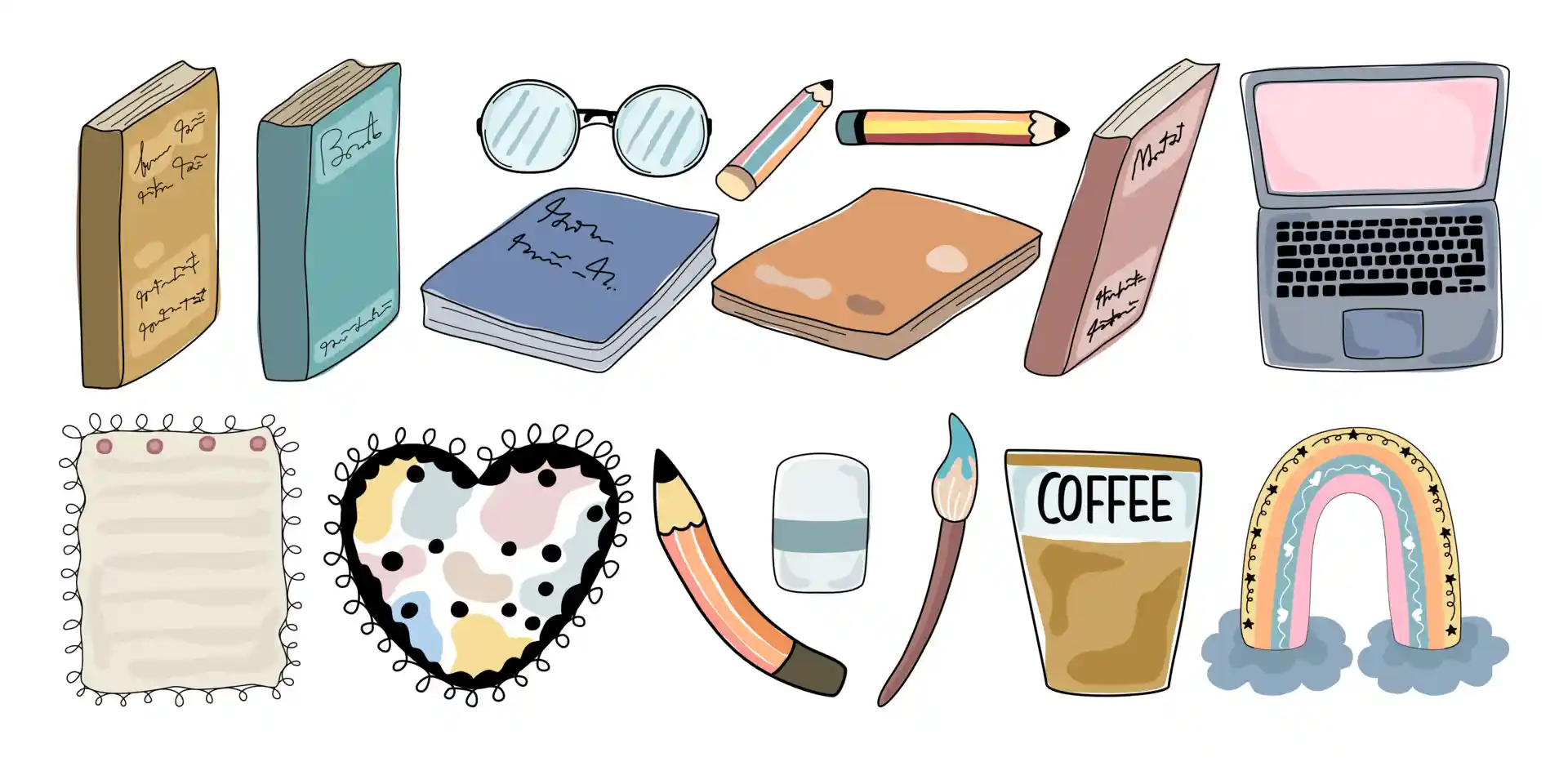 Aesthetic cozy study and reading sticker pack featuring hand-drawn books, laptop, glasses, coffee cup, and stationery doodles